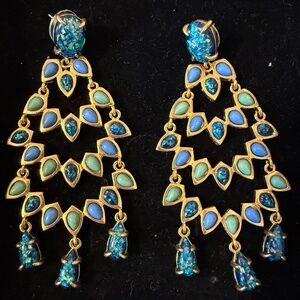 Vintage‑style gold-tone blue & green chandelier earrings (~3.25″ long) in teardr